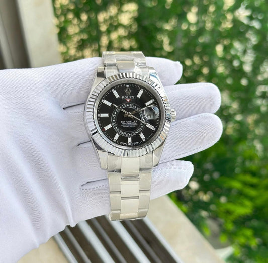 Rolex Sky-Dweller Inspired Watch – Black Dial | Silver Steel Edition